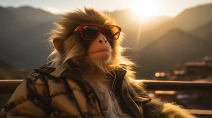 Fototapeten A trendy relaxing Ulan utan monkey wear sunglasses at natural mountains range.    © ANEK