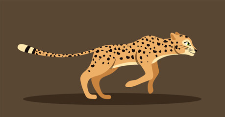 Cute running leopard. Side view of adorable cheetah running fast. Wild big cat rushes forward and chases prey. Design element for poster. Cartoon flat vector illustration isolated on brown background