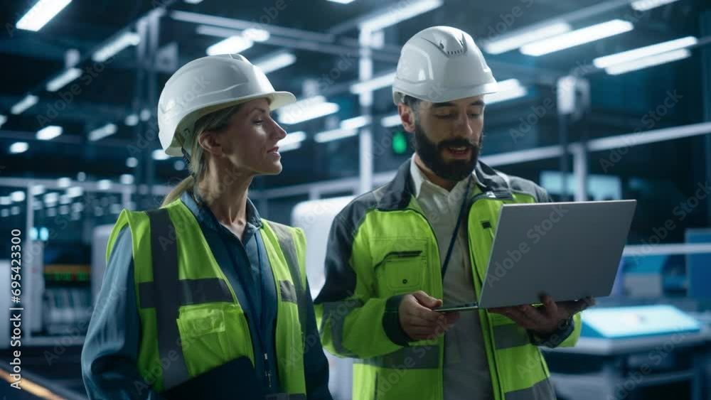 Poster portrait of hispanic male engineer and caucasian female supervisor walking, using laptop computer an