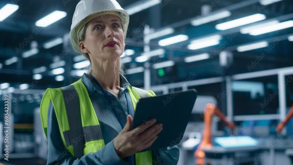 Fototapete beautiful caucasian female engineer standing in factory office, using tablet computer at a machinery