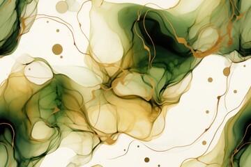  a close up of a mixture of green and yellow liquid on a white background with circles and dots on the bottom of the image and bottom half of the image.
