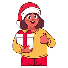 A Girl in a Santa hat holding a Christmas gift
