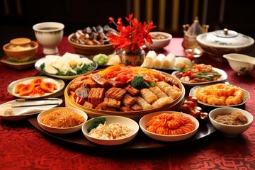 Chinese New Year feasting Joyous gatherings, abundant food, familial celebrations: 