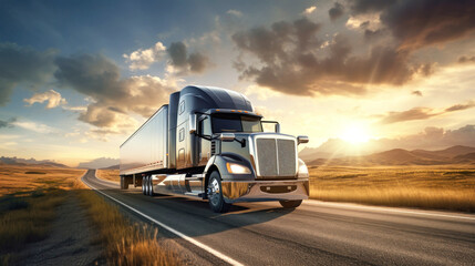 Stunning image of a semi-trailer driving down the highway during sunset. This painting captures the beauty of the golden hour and the feeling of movement on the road. Road transportation concept.