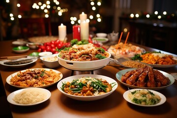 Chinese New Year feasting Joyous gatherings, abundant food, familial celebrations:  - obrazy, fototapety, plakaty