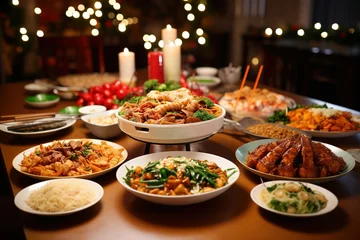 Fotobehang Chinese New Year feasting Joyous gatherings, abundant food, familial celebrations:  © Mohamad