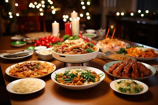 Chinese New Year feasting Joyous gatherings, abundant food, familial celebrations: 