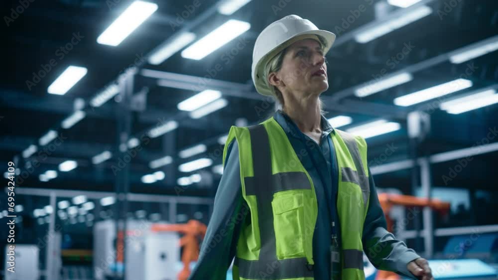 Poster Thoughtful Caucasian Female Engineer Walking with a Tablet Computer, Monitoring Conditions at an Automated Industrial Machinery Assembly Line with Robot Hands Powered By Artificial Intelligence.