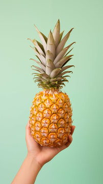 Hand holding a pineapple over pastel green background. Generative AI.