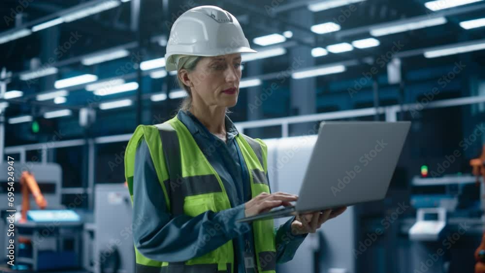 Poster Portrait of Caucasian Female Engineer Using Laptop Computer and Looking Around a Factory Facility with Equipment Producing Modern Machinery Components with Robotic Arms on Assembly Conveyor.