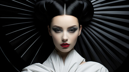 A gothic-inspired fashion design transforms a woman's human face, with bold red lips and dark eye liner adding an alluring edge to her portrait
