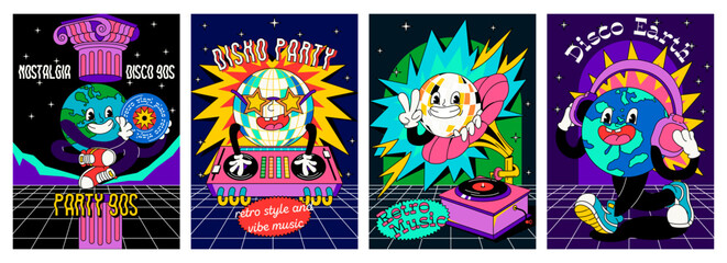 Set of retro party posters. Vintage groovy flyers with gramophone, disco ball, DJ and music cassettes. Design to karaoke event in 90s style invitation. Cartoon flat vector collection isolated on white