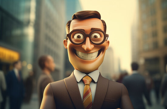 Unveil the deceptive smile of a cunning scammer, portrayed in a three dimensional cartoon image, showcasing their unscrupulous presence within the business realm. Generative AI.
