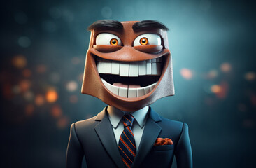 Unveil the deceptive smile of a cunning scammer, portrayed in a three dimensional cartoon image, showcasing their unscrupulous presence within the business realm. Generative AI. - obrazy, fototapety, plakaty