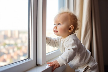 baby one year old stands on the windowsill, baby on the windowsill, trying to pull the window handle. Safety of children in the home	