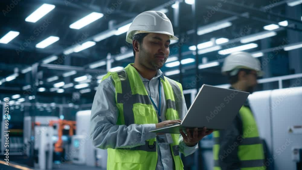 Poster Portrait Of an Indian Male Engineer Standing In Factory Office, Using Tablet Computer at a Machinery Manufacturing Facility. Specialist Using Online Software to Program Robots on Assembly Line.