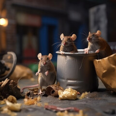 Rodents. Three small and hungry rats are sitting in a trash can on the street looking for food. Close-up.