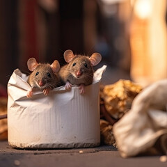 Rodents. Two small and hungry rats are sitting in a garbage bag on the street looking for food. Close-up.