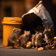 Rodents. Five small and hungry rats are sitting near a garbage bag on the street looking for food. Close-up.