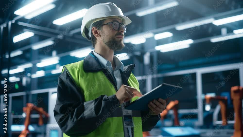 Leinwandbilder portrait of caucasian male engineer wearing a hardhat and standing in factory hall, using tablet at 