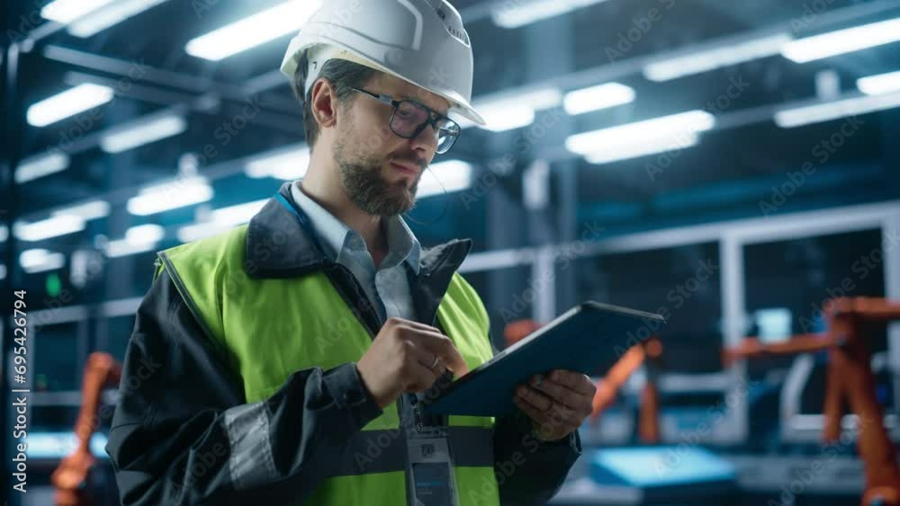 Poster portrait of caucasian male engineer wearing a hardhat and standing in modern factory hall, using tab