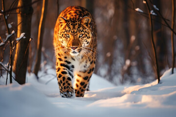 Amur leopard emerges from the snowy forest in the last rays of the sunset