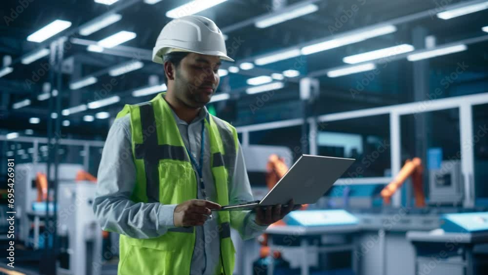 Poster Portrait Of Thoughtful Indian Male Engineer Walking with a Tablet Computer, Monitoring Conditions at an Automated Industrial Machinery Assembly Line with Robot Hands Powered By Artificial Intelligence