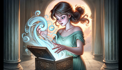 Pandora opening her infamous box, releasing both evils and hope, depicted in a whimsical, animated art style, focusing on a close or medium shot.