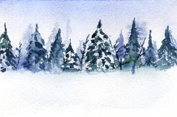 Watercolor illustration with winter landscape, trees, forest, snow. Hand painting sketch scenery.