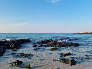 This is a Jeju seascape with basalt rocks.