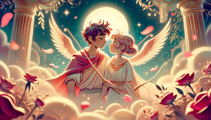 The love story of Eros and Psyche, depicted in a whimsical, animated art style, focusing on a close or medium shot. - obrazy, fototapety, plakaty