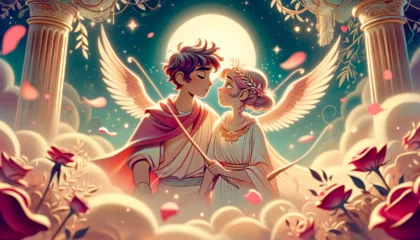 Fotobehang The love story of Eros and Psyche, depicted in a whimsical, animated art style, focusing on a close or medium shot. © FantasyLand86