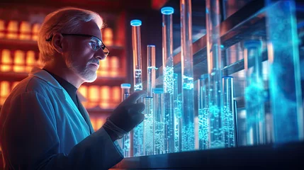 Fotobehang scientist holding medical testing tubes or vials of medical pharmaceutical research with blood cells and virus cure using DNA genome sequencing biotechnology as wide banner hologram © danh