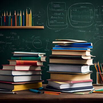 school books with blacboard background