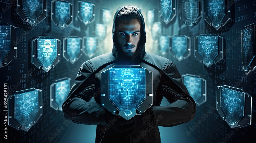 Aufkleber Internet security, people protecting the net from hackers. Anonymous hackers pose a threat. Generative AI