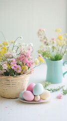 Obraz premium Easter holiday background. On the table there is an Easter basket with colorful eggs and beautiful spring flowers