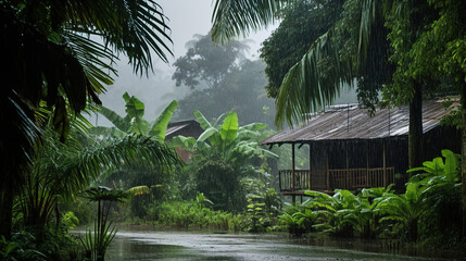Fototapeta na wymiar rainy day in a forest village. Generative Ai