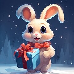 Cartoon character cute hare or rabbit with gift box, congratulation and gift concept, Generative AI