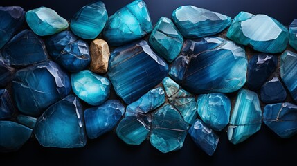 Fototapeta premium A stunning display of vibrant blues and sparkling crystals, this art piece captures the electric energy of a group of teal and turquoise rocks, radiating a sense of serenity and wonder