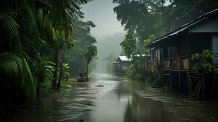 Fototapeta na wymiar rainy day in a forest village. Generative Ai