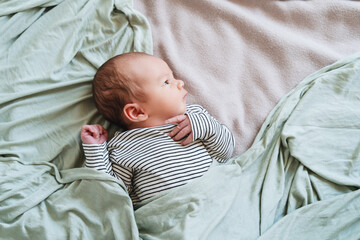 Portrait of 2 weeks old baby. Newborn baby at first months of life.