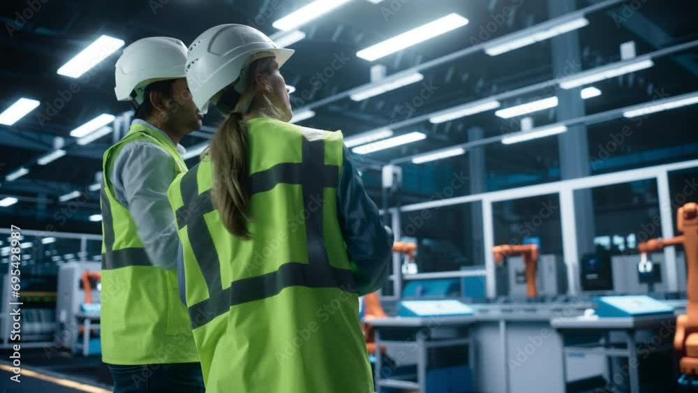 Poster portrait of an indian male process engineer and caucasian female supervisor standing in factory hall