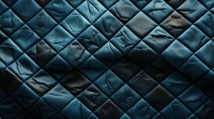 A cozy and intricate quilted surface, adorned with shades of blue and black, evokes thoughts of warmth, comfort, and timeless style in the world of clothing and bedclothes