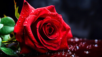 Red rose with dew on petals wallpaper - ai generative