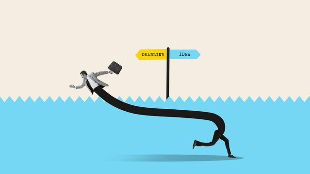 Stop motion. Animation. Difficult choice. Office workers in formal wear standing trying to do everything on time. Professional deadlines, overworking and stress. Concept of business, rush