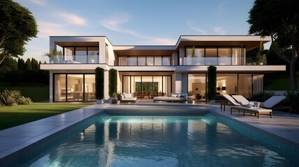 Luxury house with swimming pool and deck at sunset. Panorama.