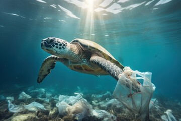 Mediterranean sea turtle deep underwater with plastic bag. Ocean life, wildlife. Concept of ecology problems and plastic debris in ocean. Slow reproduction rates. Micronizing ocean plastics - obrazy, fototapety, plakaty