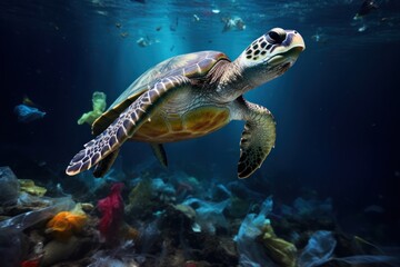 Obraz premium Mediterranean sea turtle deep underwater with plastic bag. Ocean life, wildlife. Concept of ecology problems and plastic debris in ocean. Slow reproduction rates. Micronizing ocean plastics