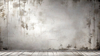 Grunge background with old concrete wall and wooden floor.