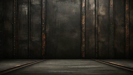 3d rendering old grunge dark room with a rusty metal wall.